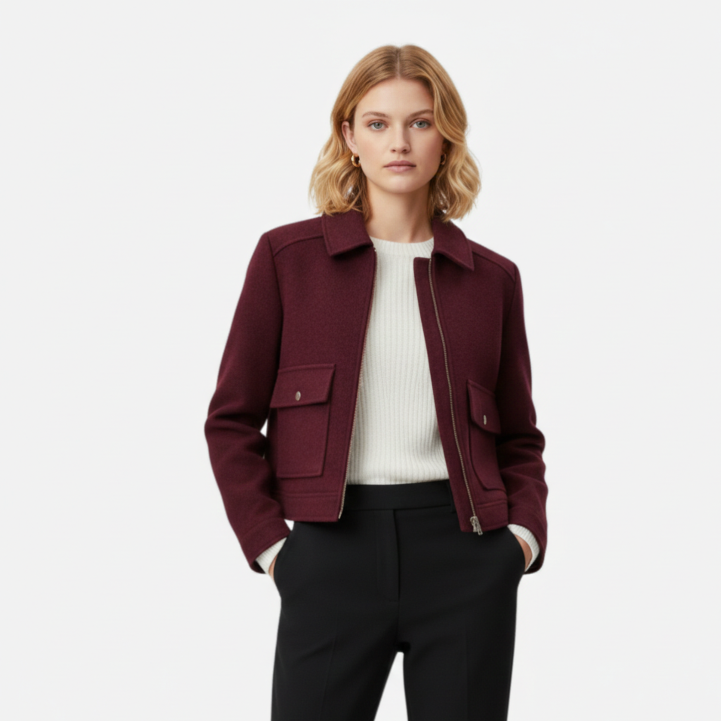 Women Zipped Wool Winter Coat Elegant Warm